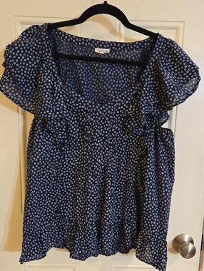 GAP Navy Mini Floral Ruffle Sleeve Blouse
